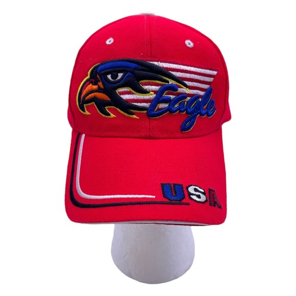 Sara Headwear USA Eagle Embroidered Gold Flames Adjustable Red Hat Cap Adult - Picture 1 of 5